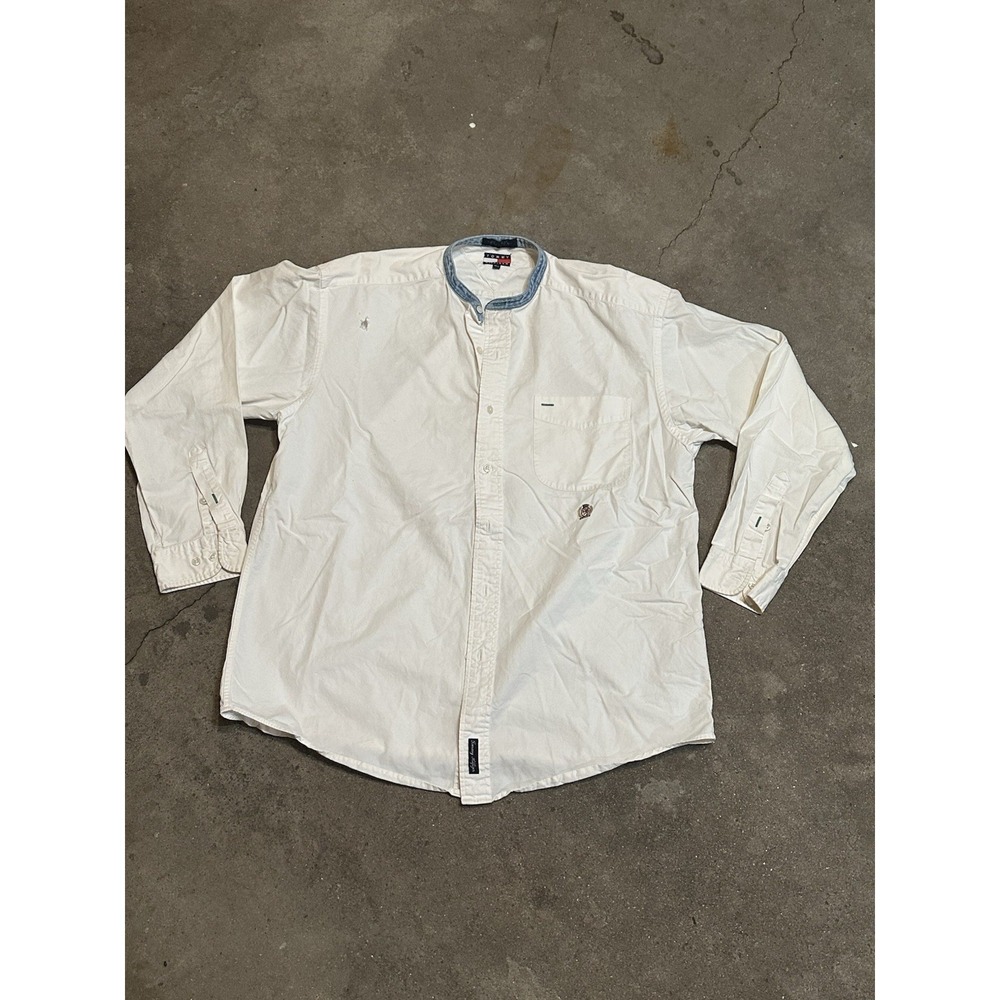 Vintage Tommy Hilfiger Shirt Mens Large Multicolor White Collarless Button Up LS
